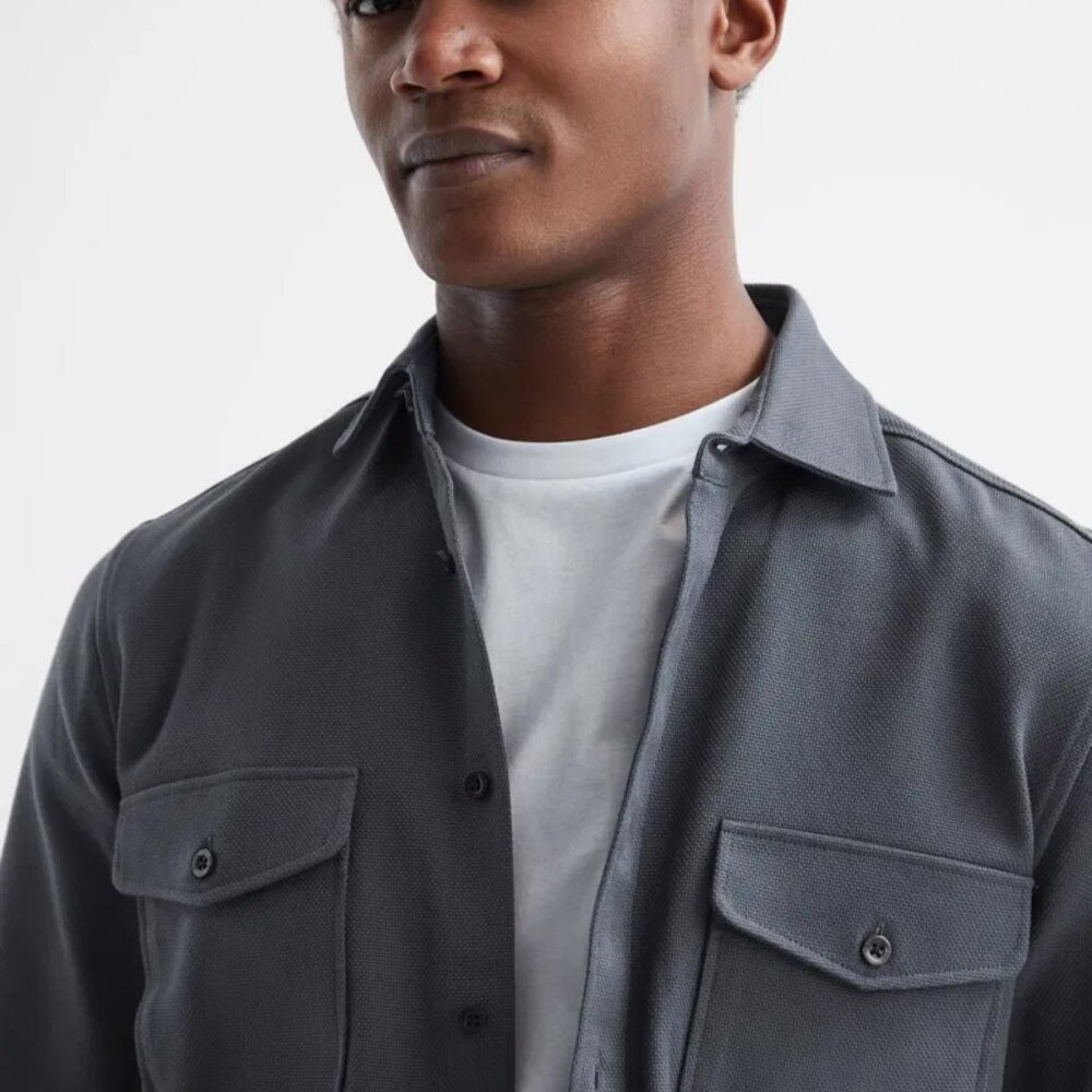 REISS Arlo Cotton Canvas Button-Up Overshirt in Steel Blue - Picture 3 of 5